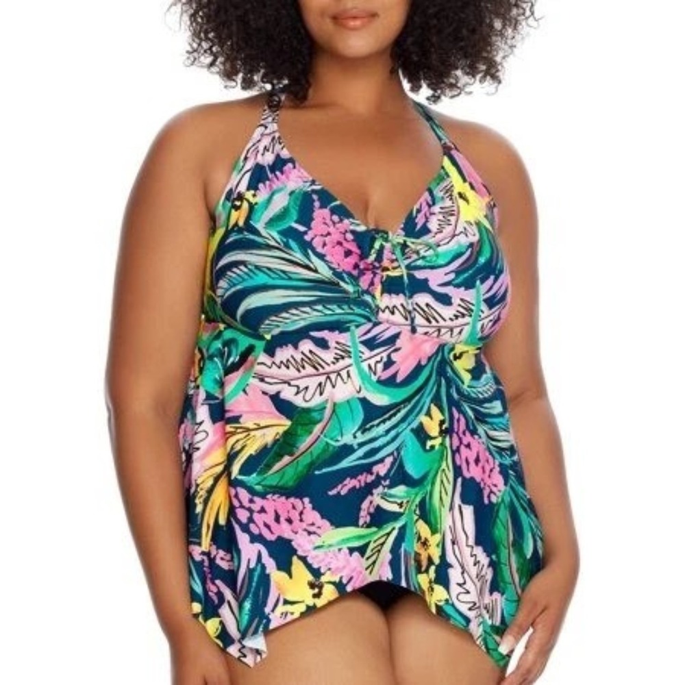 Birdsong Plus Size 20W‎ WAIKIKI Tropical Sharkbite Underwire Tankini Swim Top